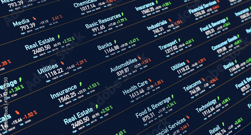 Industrial sectors, banks, automobiles, health care,  transport, telecoms, stock market information. Trading screen, investing, market data, investments, risks, prices, and percentage changes.