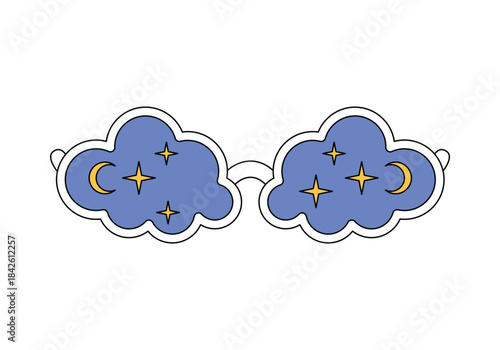Groovy sunglasses with white frames in shape of clouds, moon and stars on blue glass vector illustration