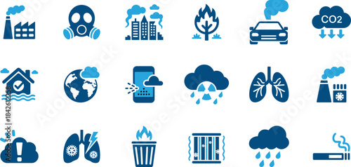 Environmental icons set illustrating pollution climate change and health impacts isolated on transparent background