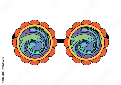Groovy round sunglasses with red flower frames and psychedelic whirlpool on glass vector illustration