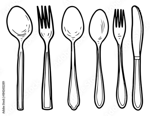 Cutlery set. Sketch vector hand drawn. Spoon, teaspoon, fork, knife. Kitchen accessories for eating. Dining table setting. Kitchenware. Engraving graphic art illustration.