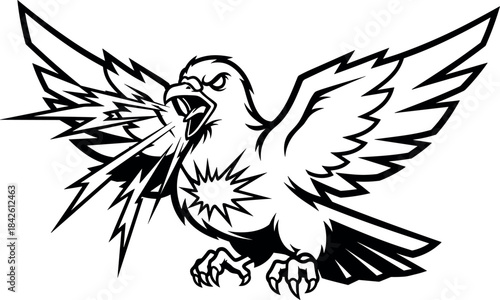 Black and white of a fierce bird with lightning emanating from its beak and chest eagle hawk