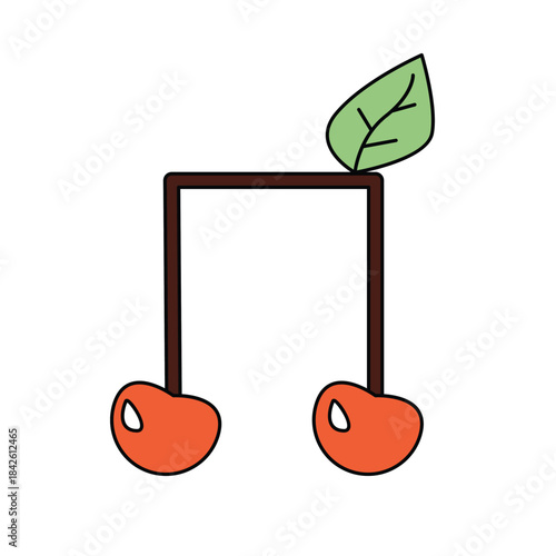 Groovy music note with funny cherry and leaf, crazy hippie song symbol vector illustration