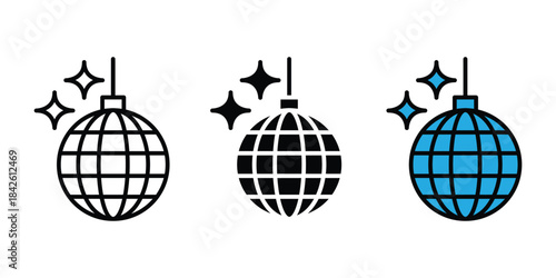 Disco Ball Vector Icon Set with Sparkles. Outline, Solid, and Color Versions