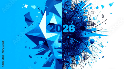 Futuristic blue geometric shapes and abstract elements with 2026 text on a gradient background
