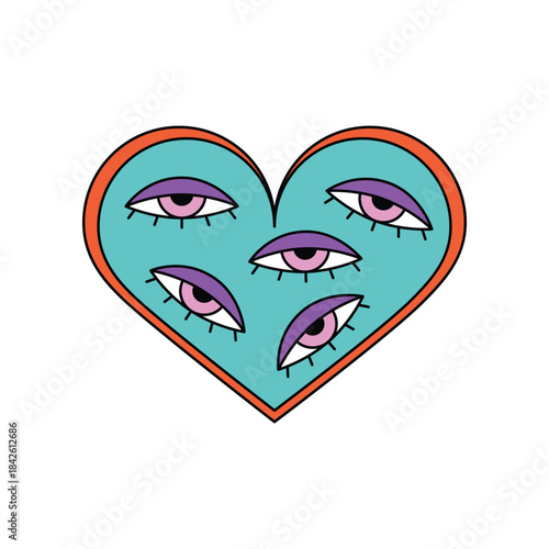 Groovy heart with many open eyes, surreal hallucination of hippie party vector illustration