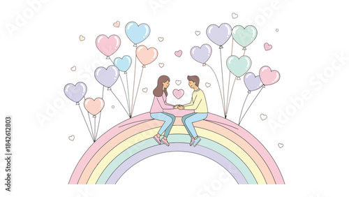 Love's Colorful Embrace: A tender couple sits atop a radiant rainbow, serenaded by floating heart-shaped balloons, symbolizing the boundless joy and affection of their love.