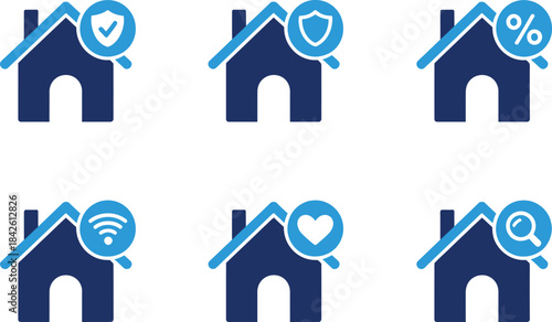 Set of six house icons representing home security savings connectivity and love isolated on transparent background