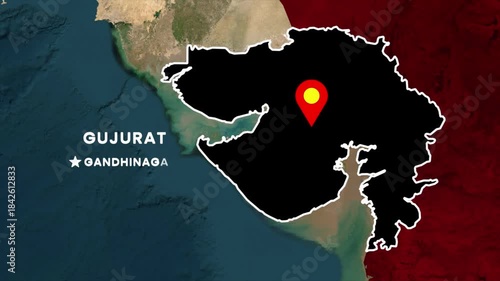 Gujarat state map highlight animation on India map, Gujarat outlined with location pin and Gandhinagar capital marker for geography visuals, news graphics, educational content