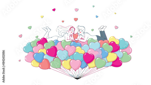 Love's Embrace: A couple shares an intimate moment amidst a cascade of colorful hearts, symbolizing the depth and joy of their affection and bond.