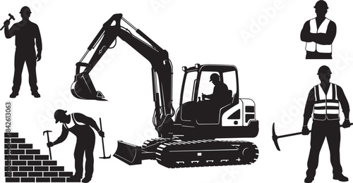 Construction worker silhouettes, bricklaying, excavator, hammer, shovel, hard hat, building activity, black vector icons, labor tools, industrial job, site illustration