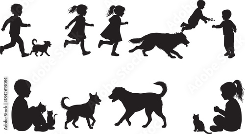 Children and animals silhouette, playful interaction, pet bonding moments, black vector illustration, kids with dogs and cats, outdoor companionship, minimalist design