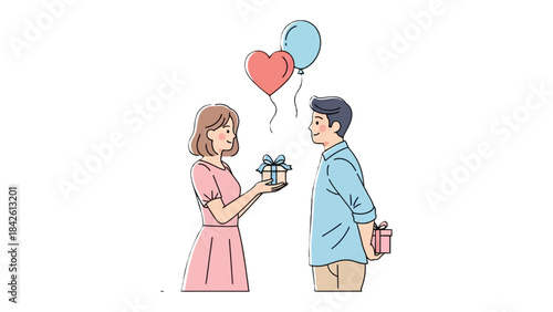A Gesture of Affection: A romantic exchange unfolds as a woman presents a beautifully wrapped gift to a man, heart balloons float overhead, symbolizing love and appreciation.