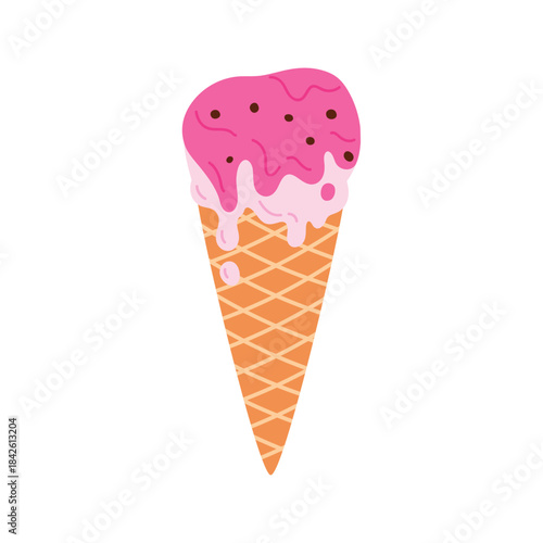 Melted strawberry ice cream with chocolate chips, pink layers of gelato dripping vector illustration