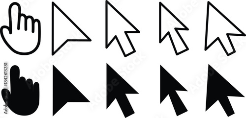 
Cursor mouse click icon set. Computer mouse click cursor gray arrow icons. hand pointer, click effect, arrow pointer, icons. Arrow click pixel cursor set. Mouse cursor pointer collection.
