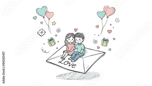 Love in Bloom: A tender sketch depicts a loving couple embraced atop an envelope, surrounded by heartwarming symbols of affection, perfect for representing love.
