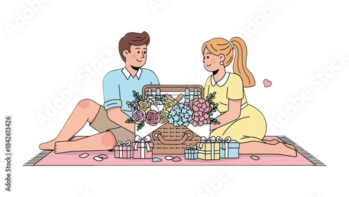 Romantic Picnic Scene: A loving couple shares a special moment amidst a collection of gifts, creating a lovely picnic atmosphere, capturing a feeling of closeness.
