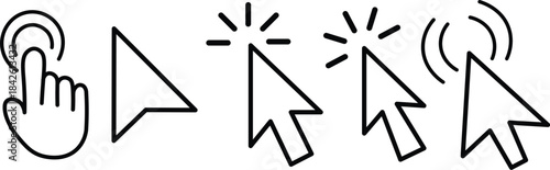 
Cursor mouse click icon set. Computer mouse click cursor gray arrow icons. hand pointer, click effect, arrow pointer, icons. Arrow click pixel cursor set. Mouse cursor pointer collection.
