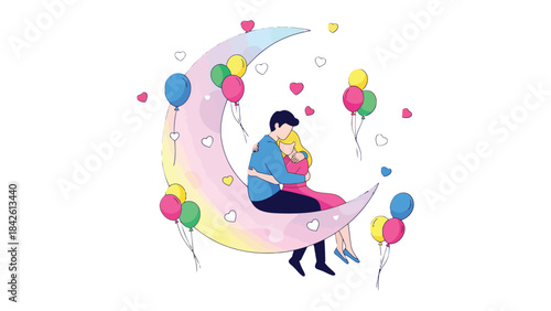 Love Under the Moon: A couple embracing on a crescent moon, surrounded by floating balloons, a heartwarming illustration of affection, romance, and shared dreams.