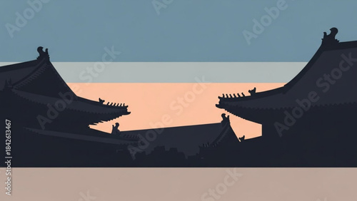 Traditional East Asian architecture silhouette minimalist vector illustration of ancient temples against a gradient sky serene landsc