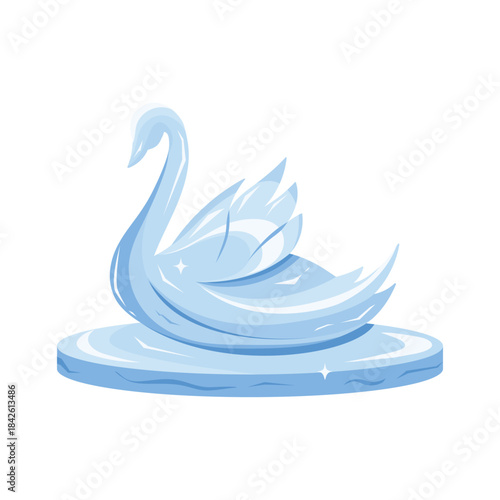 Ice sculpture of cute swan, shining bird made from frozen water vector illustration