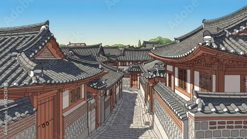Traditional Korean Hanok village street detailed illustration of historic architecture perfect for travel and cultural concepts