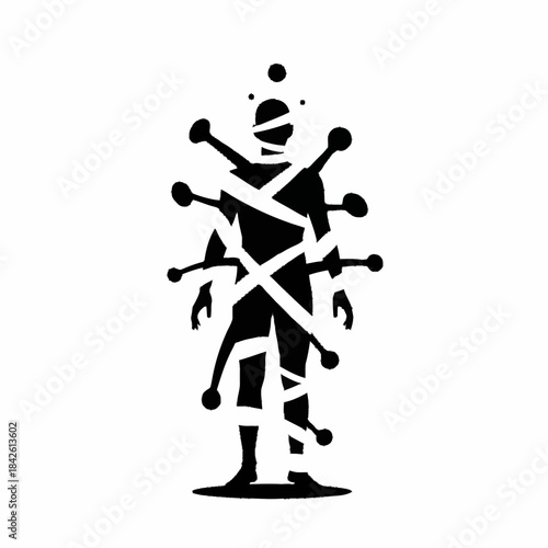 Silhouette of a person bound by ropes and pins symbolizing struggle and confinement.