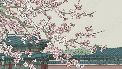 Cherry blossom branches in bloom traditional Korean palace architecture in the background spring season concept