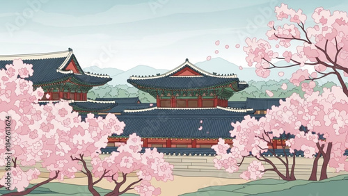 Traditional Korean palace with blooming cherry blossoms a serene spring scene for travel and cultural concepts vector illustration