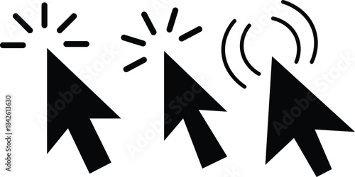 
Cursor mouse click icon set. Computer mouse click cursor gray arrow icons. hand pointer, click effect, arrow pointer, icons. Arrow click pixel cursor set. Mouse cursor pointer collection.
