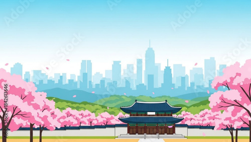 Traditional Korean palace with cherry blossoms and modern cityscape symbolizing cultural heritage and urban development
