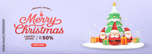 Merry Christmas Special Offer With Santa Figurines And Christmas Tree Display