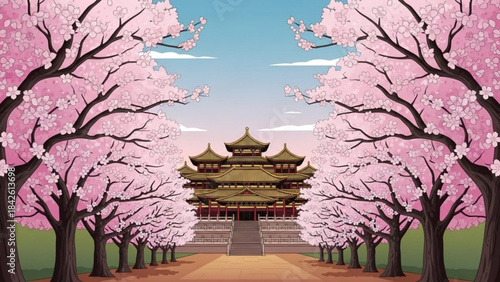 Traditional Japanese temple surrounded by blooming cherry blossom trees a scenic pathway leading to ancient architecture spring seaso