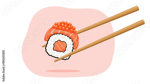 A sushi roll with salmon and tobiko being picked up by chopsticks on a pink background
