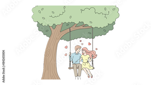 Love's Swing: A tender moment of couple enjoy swing together under a old tree with falling petal. A simple illustration to show relationship 