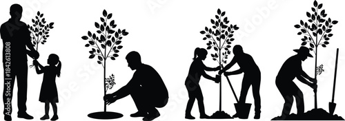 Environmental Stewardship and Education: Man Nurturing Young Children Beside a Large Tree Symbolizing Generational Knowledge, Community Growth, and the Importance of Nature Conservation