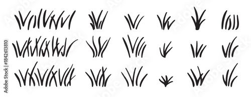 Doodle bunch of grass. Hand drawn lawn bush of grass icon hand drawn set. Outline grass line drawing clipart symbol collection