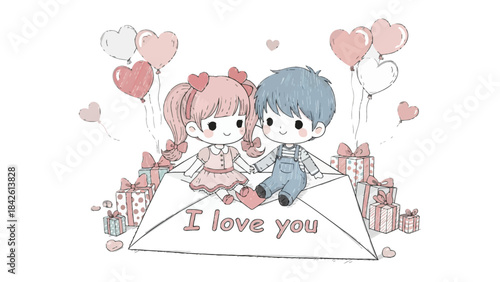 Love Letter Illustration: A charming, hand-drawn illustration depicting two adorable figures sitting on a love letter surrounded by heart-shaped balloons and gifts.