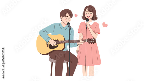 Harmony in Melody: A musical duo shares a heartfelt moment as a guitarist accompanies a singer, their voices intertwining in a harmonious performance. The scene embodies a spirit of love and passion.