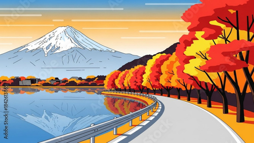 Mount Fuji in autumn with colorful trees lining a scenic road and lake Japanese landscape illustration for travel and nature concepts