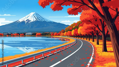 Mount Fuji in autumn scenic road beside a calm lake with vibrant red trees travel and landscape illustration