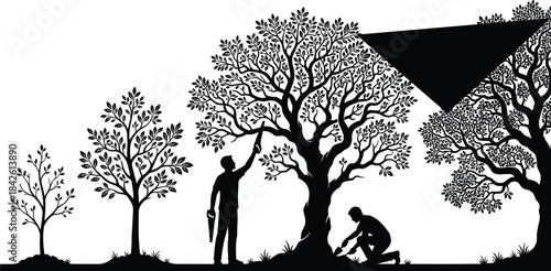 Generational Nurturing and Environmental Education: Man Waters Young Children Learning Responsibility and Care for Nature Beneath a Large, Lush Tree Symbolizing Growth and Community