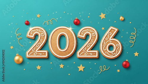 Gingerbread numbers 2026 festive holiday decoration with Christmas ornaments and confetti New Year celebration concept