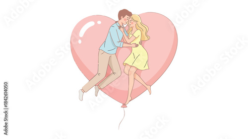 Floating in Love's Embrace: A tender couple shares a sweet moment amidst a large, pink heart-shaped balloon, symbolizing love, dreams, and a shared journey.
