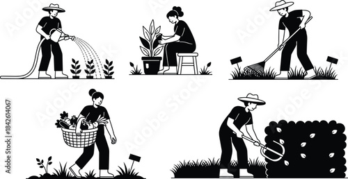 Six Paneled Gardening and Farming Activities: People Watering, Planting, Raking, Harvesting, and Composting Illustrating Horticulture, Sustainable Food Production, and Outdoor Work Concepts