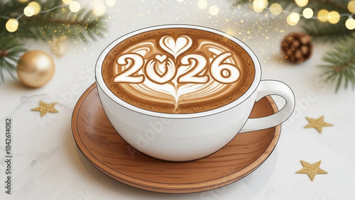 New Year 2026 coffee latte art festive celebration with holiday decorations perfect for seasonal greetings and promotions