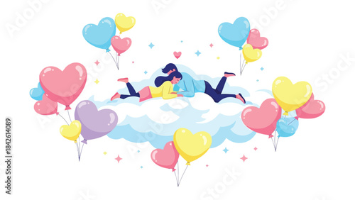 Lovers' Serenade Amidst Clouds: A tender depiction of two figures intertwined on a fluffy cloud, enveloped by a vibrant array of heart-shaped balloons, evokes feelings of affection, love.