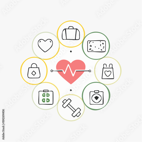Abstract illustration of heart health and fitness icons in a circular pattern