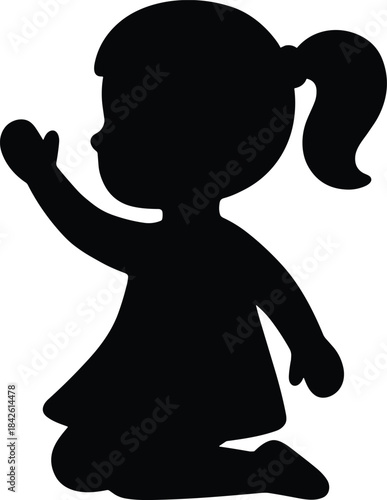 Cute silhouette illustration of a little girl kneeling and waving, perfect for child-themed designs, education graphics, playful characters, kids activities, and creative vector projects