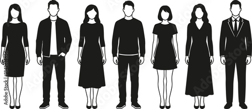 Diverse people silhouettes, men and women in casual and formal clothing, modern standing poses, vector character set for design, presentations, branding and illustration projects